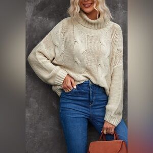 Cable-Knit Drop Shoulder Turtleneck Pullover Sweater
